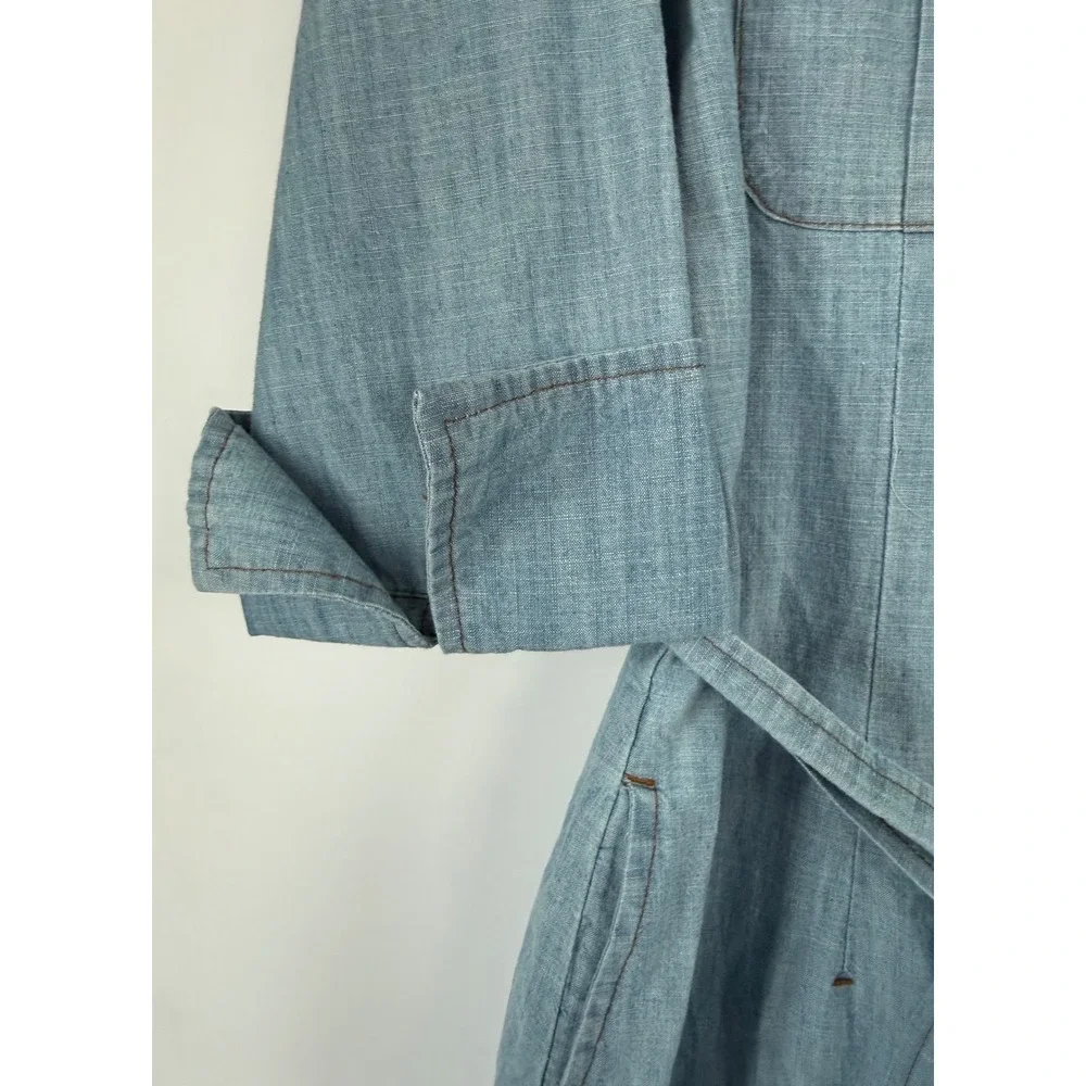 J. Peterman Womens Large Indigo Cotton Chambray Shirt Dress Cowgirl Boho Western - Picture 9 of 14